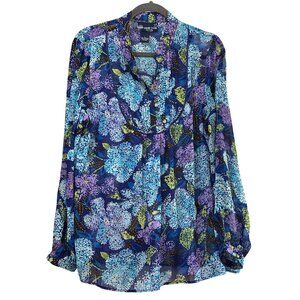 Susan Graver Style size L semi sheer blue floral pin tuck long sleeve button top